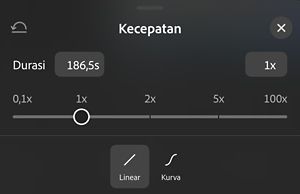 Panel Speed, menampilkan penggeser dari 0.1x hingga 100x yang diatur pada 1x, dengan opsi Linear dan Curves di bawah.