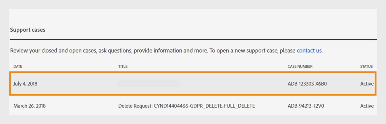 Atbalsta vēstures lapa rāda jūsu atbalsta lietas, to izveides datumu, nosaukumu, lietas numuru un statusu.
