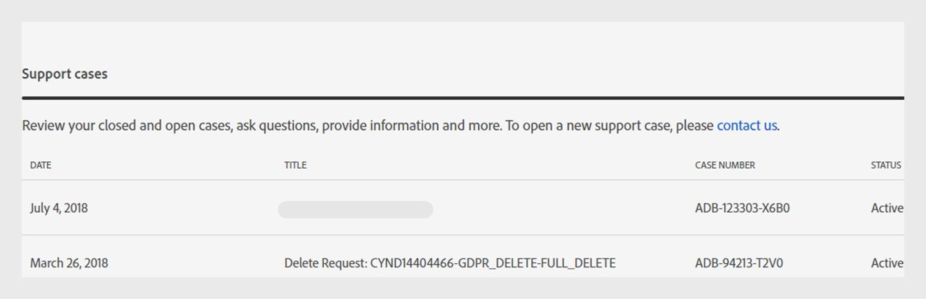 หน้าประวัติการสนับสนุนแสดงเคสการสนับสนุนของคุณ วันที่สร้าง ชื่อเรื่อง หมายเลขเคส และสถานะ