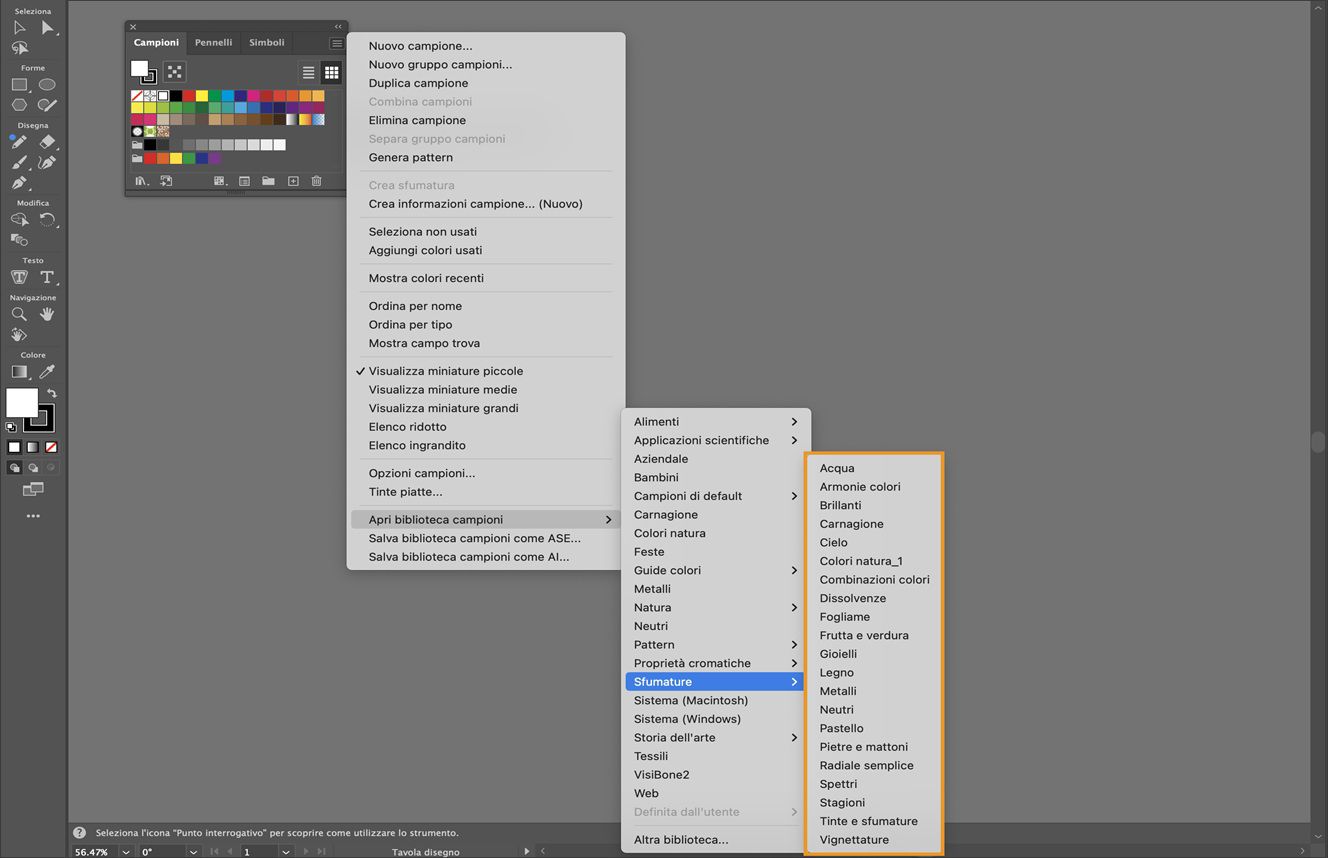 Il menu del pannello Campioni sotto il menu Apri biblioteca campioni mostra diverse opzioni di sfumature che possono essere selezionate.