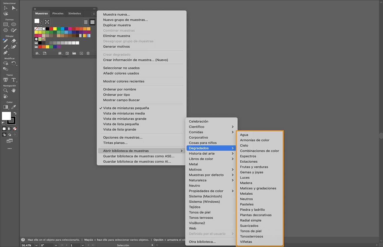 El menú del panel Muestras situado en el menú Abrir biblioteca de muestras presenta varias opciones de degradado listas para su selección.