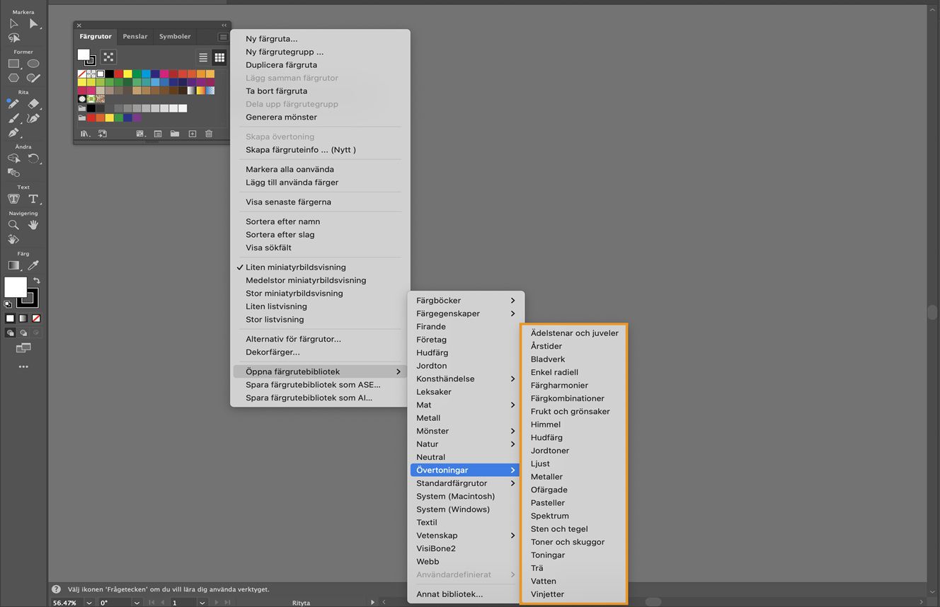 Menyn Färgrutor i panelen under menyn Öppna färgrutebibliotek visar flera valbara övertoningsalternativ.