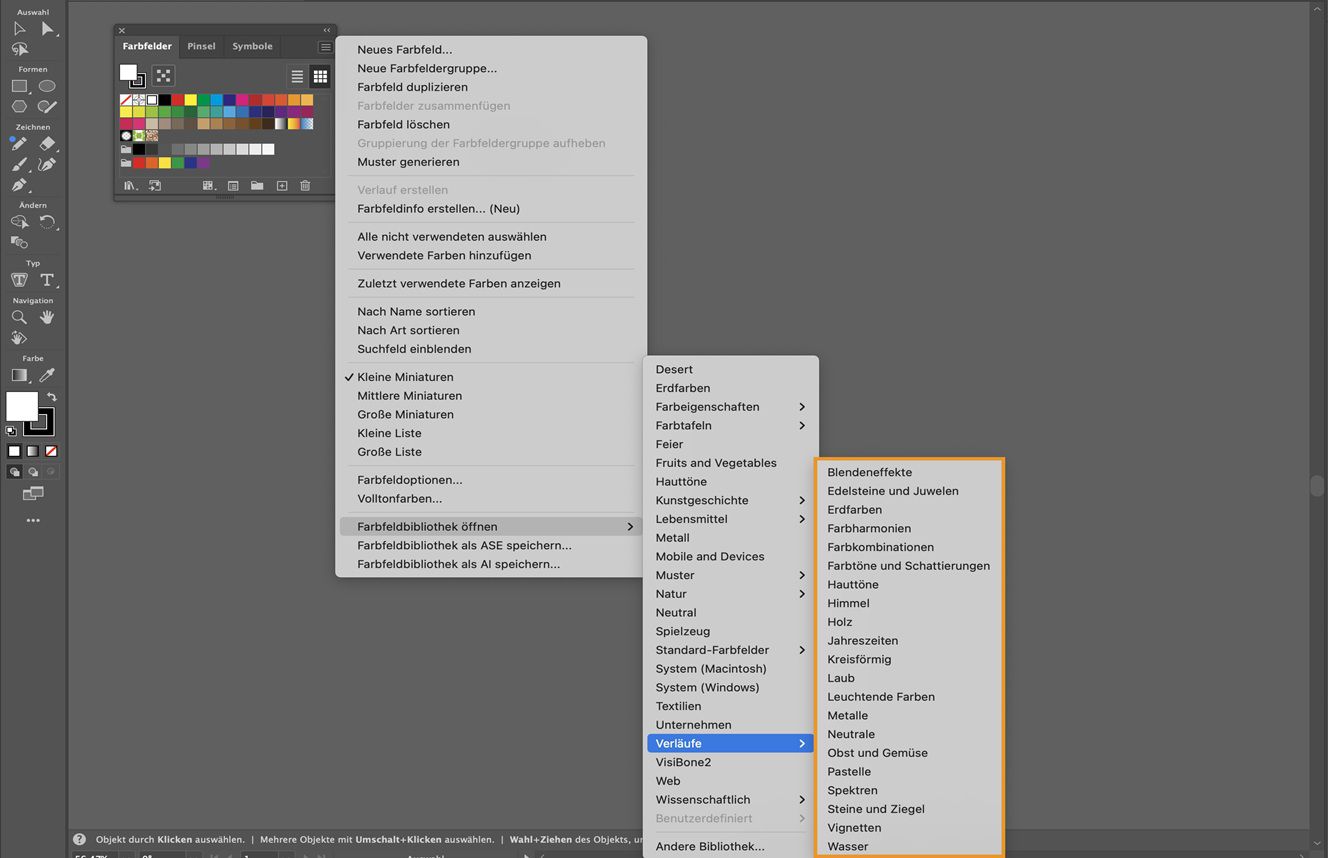 Das Farbfelder-Bedienfeldmenü unter dem Menü Farbfeldbibliothek öffnen zeigt verschiedene Verlaufsoptionen zur Auswahl an.