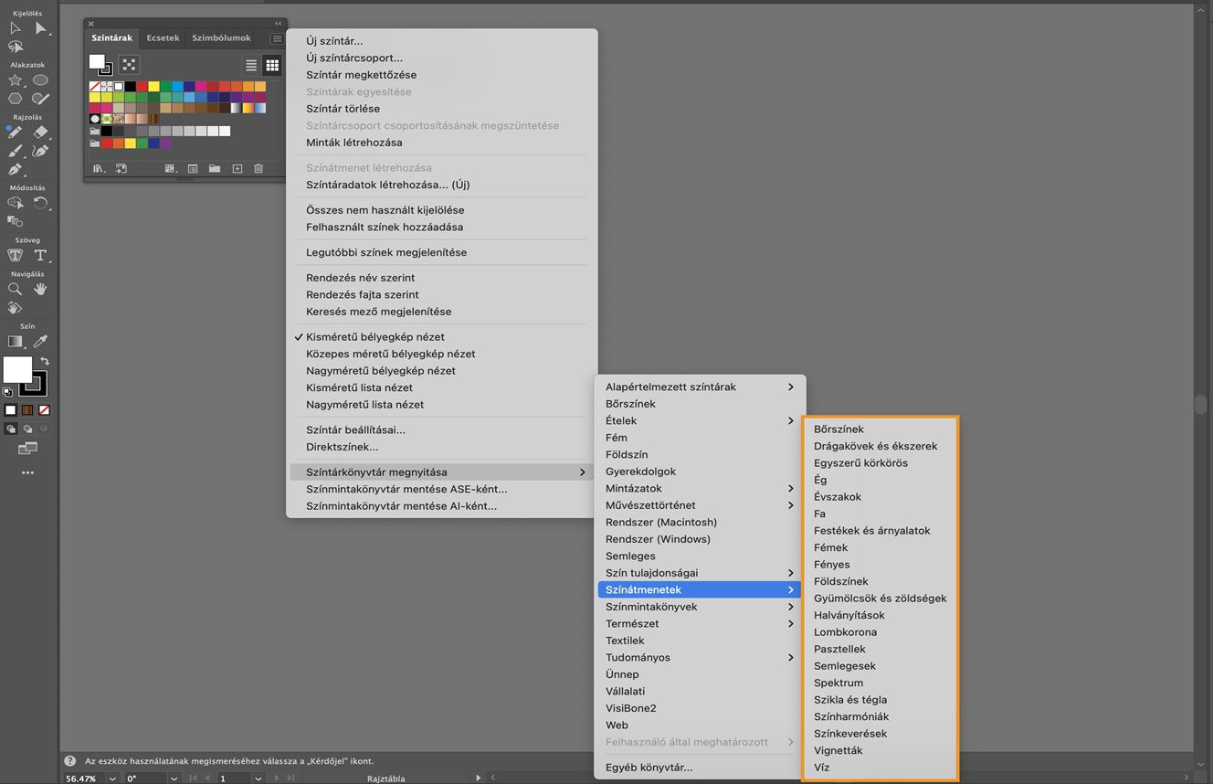 A Színtárak panel menüje a Színmintakönyvtárak menü alatt több, kiválasztásra kész színátmenet-lehetőséget jelenít meg.