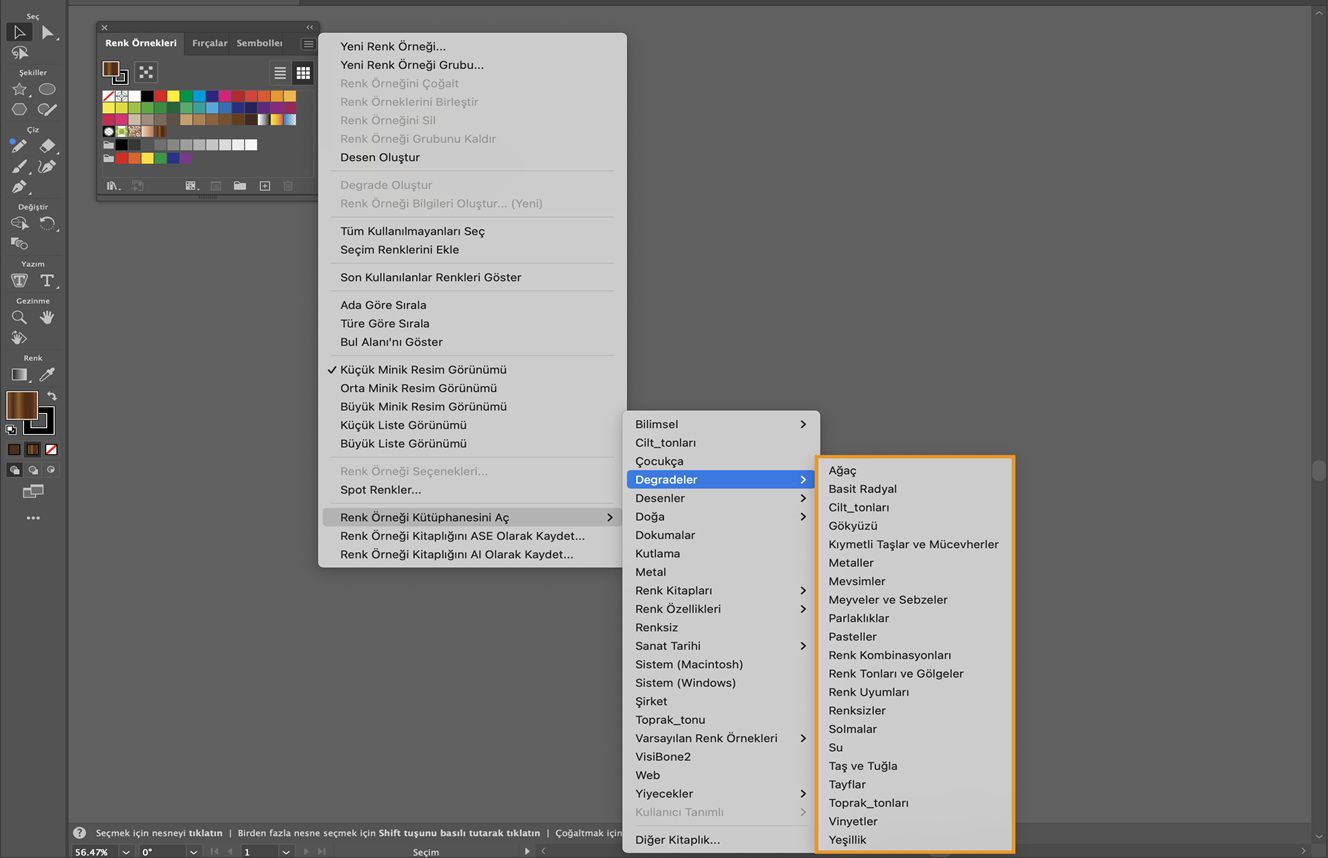 Renk Örneği Kitaplığını Aç menüsü altındaki Renk Örnekleri panel menüsü, seçime hazır birkaç degrade seçeneği görüntüler.