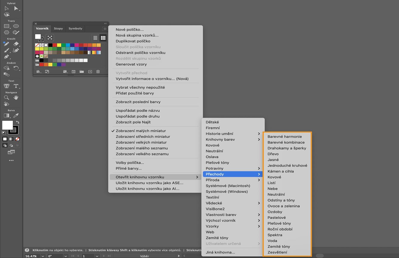 Nabídka panelu Vzorky barev pod nabídkou Otevřít knihovnu vzorků zobrazuje několik možností přechodů připravených k výběru.