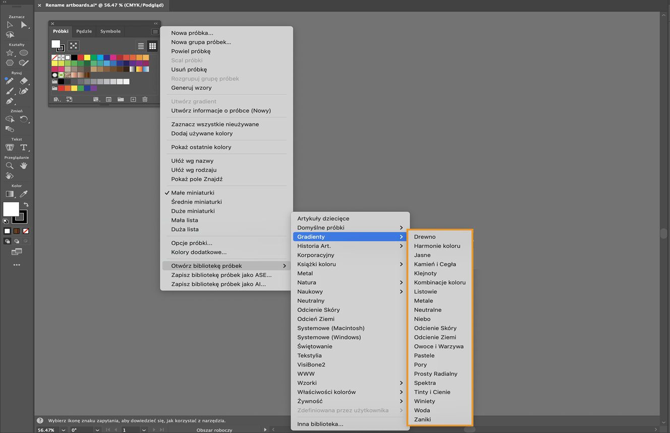 Menu panelu Próbki w menu Otwórz bibliotekę próbek wyświetla kilka opcji gradientu gotowych do wyboru.
