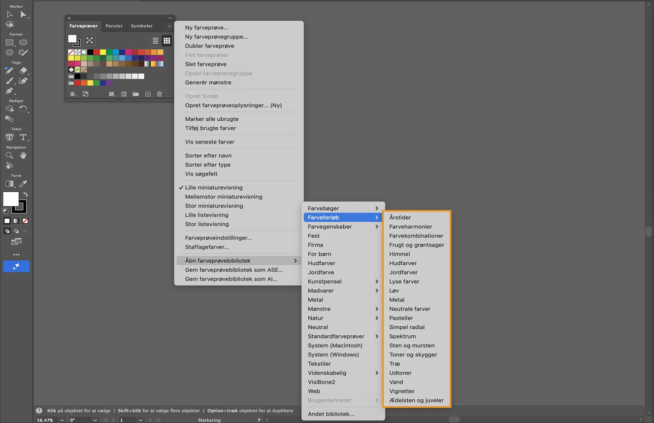 Menuen i panelet Farveprøver under menuen Åbn farveprøvebibliotek viser flere forløbsmuligheder klar til valg.