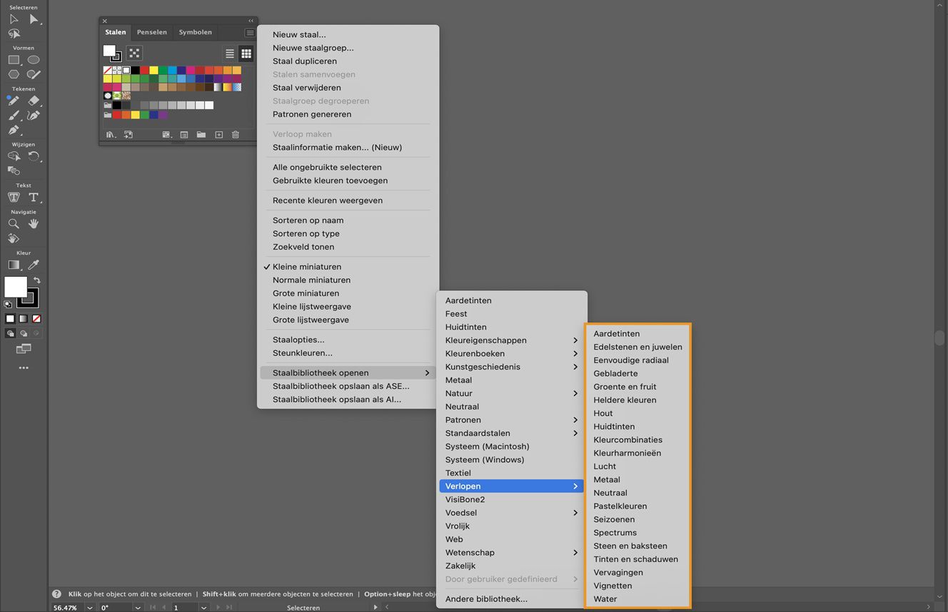 Het deelvenstermenu Stalen onder het menu Staalbibliotheek openen toont verschillende verloopopties die klaar zijn voor selectie.