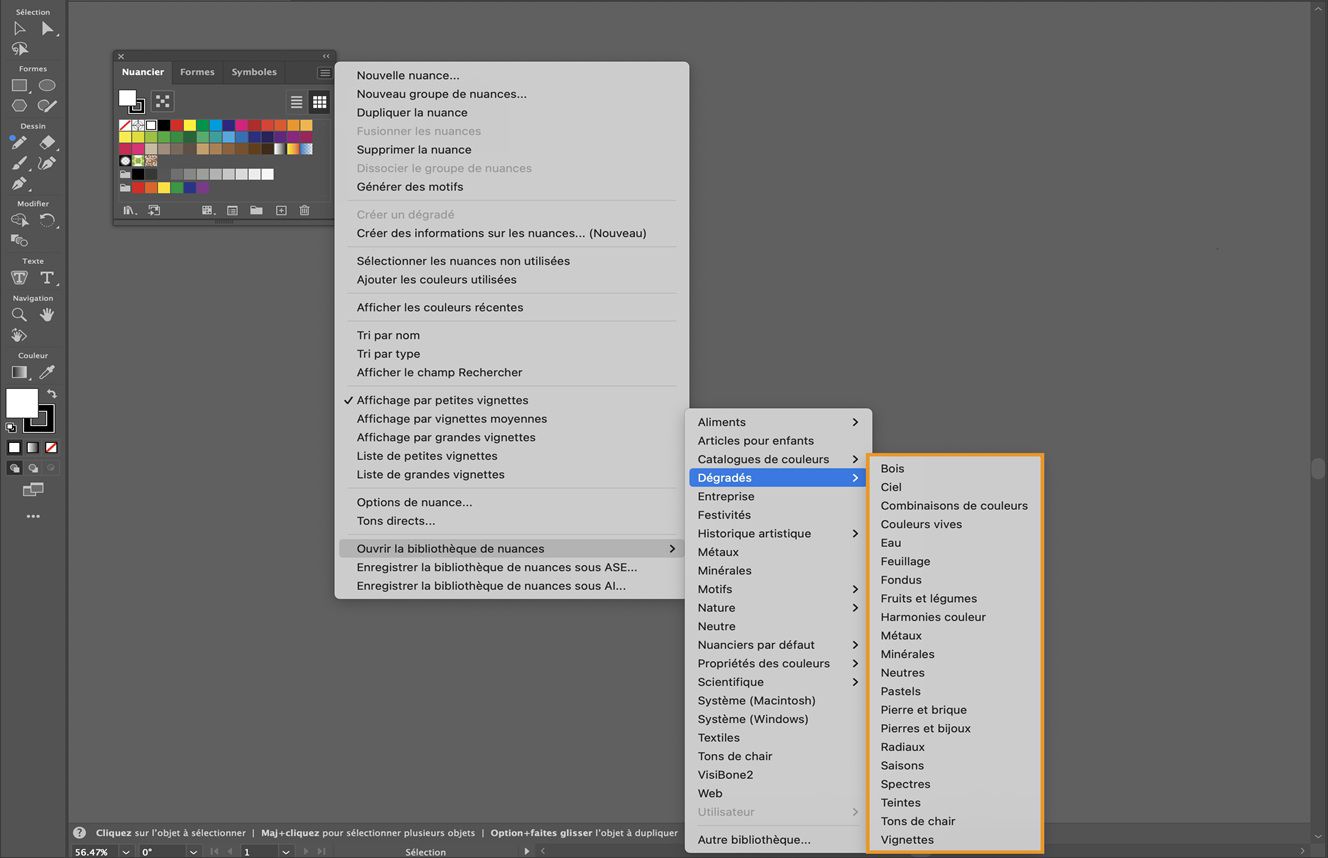 Le menu du panneau Nuanciers sous le menu Ouvrir la bibliothèque de nuances affiche plusieurs options de dégradés prêtes à être sélectionnées.