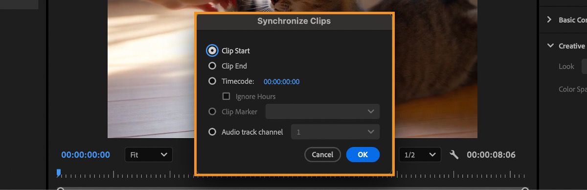 La finestra di dialogo Sincronizza clip è aperta e offre diverse opzioni per sincronizzare le clip, tra cui Inizio clip, Fine clip e Timecode.