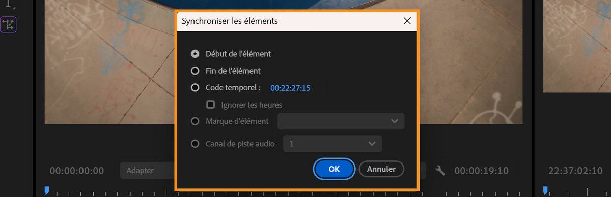 La boîte de dialogue Synchroniser les clips est ouverte et propose plusieurs options pour synchroniser les clips, notamment Début du clip, Fin du clip et Code temporel.