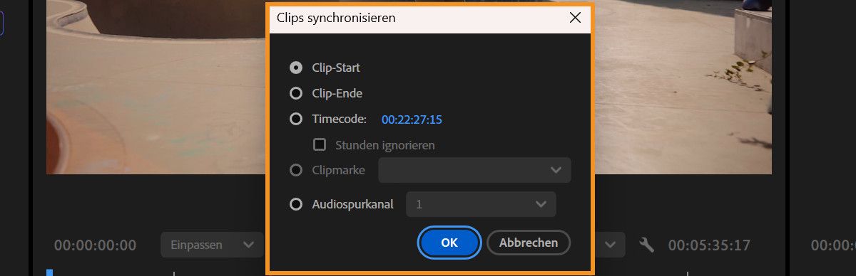 Das Dialogfeld „Clips synchronisieren“ ist geöffnet und bietet mehrere Optionen für die Synchronisierung von Clips, einschließlich „Clip-Start“, „Clip-Ende“ und „Timecode“.