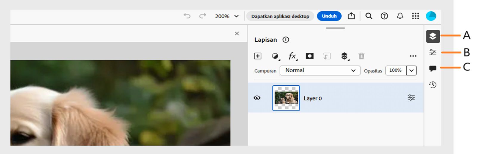 Bar Tugas menampilkan keterangan untuk panel Lapisan, panel Properti Lapisan, dan panel Komentar di sisi kanan layar.