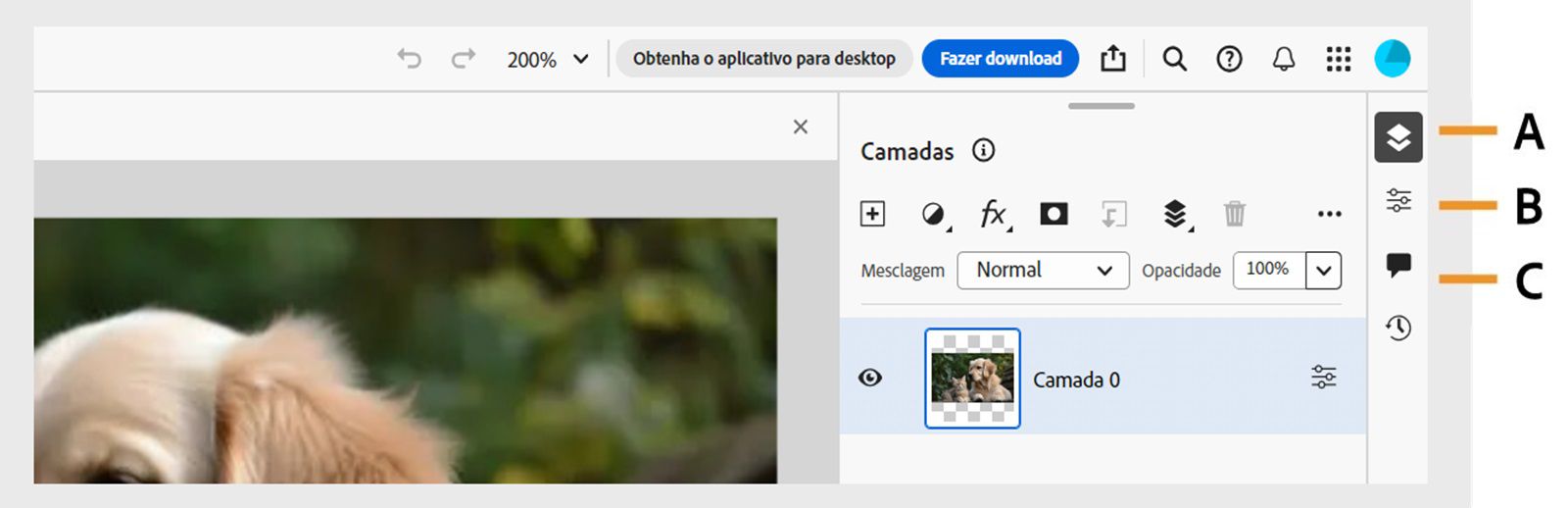 A barra de tarefas mostra as chamadas para o painel Camadas, o painel Propriedades da camada e o painel Comentários no lado direito da tela.