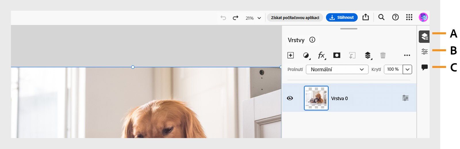 Na pravé straně obrazovky je zobrazen hlavní panel obsahující ikony pro panel Vrstvy, panel Vlastnosti vrstvy a panel Komentáře.