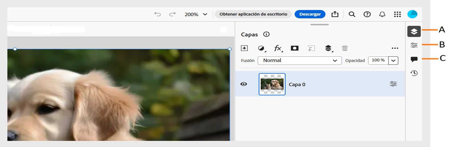 La barra de tareas muestra indicadores para el panel Capas, el panel Propiedades de capa y el panel Comentarios en el lado derecho de la pantalla.