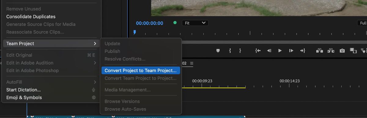 L'opzione Team Project sotto il menu Modifica per convertire qualsiasi Progetto di Premiere Pro in Team Projects.