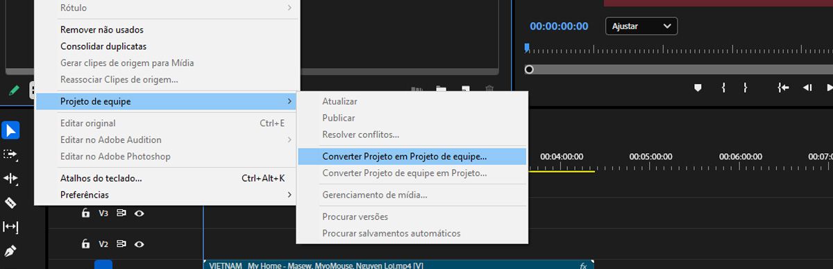 Use a opção “Projeto de equipe” no menu “Editar” para converter qualquer projeto do Premiere Pro em um projeto de equipe.