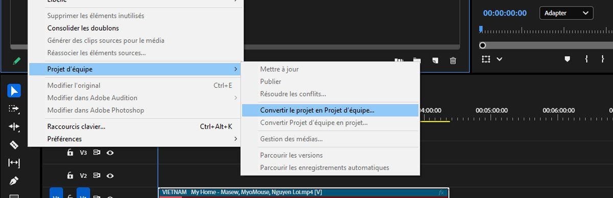 L’option Projet Team Projects du menu Modifier permet de convertir n’importe quel projet Premiere Pro en projet Team Projects.