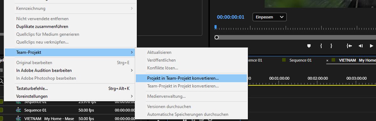 Die Option „Team-Projekt“ im Menü „Bearbeiten“ ermöglicht es, jedes Premiere Pro-Projekt in ein Team-Projekt zu konvertieren.