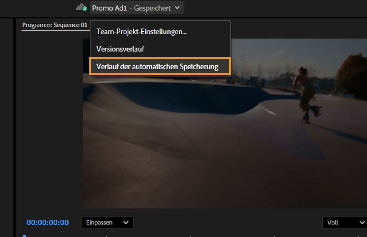 Das Einstellungsmenü für Team-Projekte ist geöffnet.Es enthält Optionen wie den Versionsverlauf und den Verlauf der automatischen Speicherung.Der Verlauf der automatischen Speicherungen ist ausgewählt, sodass über die Kopfleiste vonPremiere Pro auf den Verlauf zugegriffen werden kann.