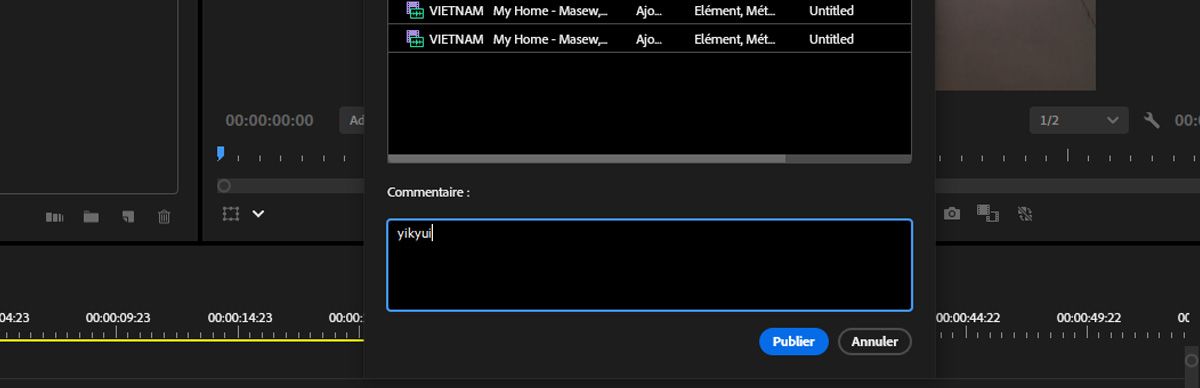 La boîte de dialogue Team Projects inclut de nouveaux montages, un commentaire pour les collaborateurs et collaboratrices, et une option de publication pour que les modifications soient accessibles à tous.