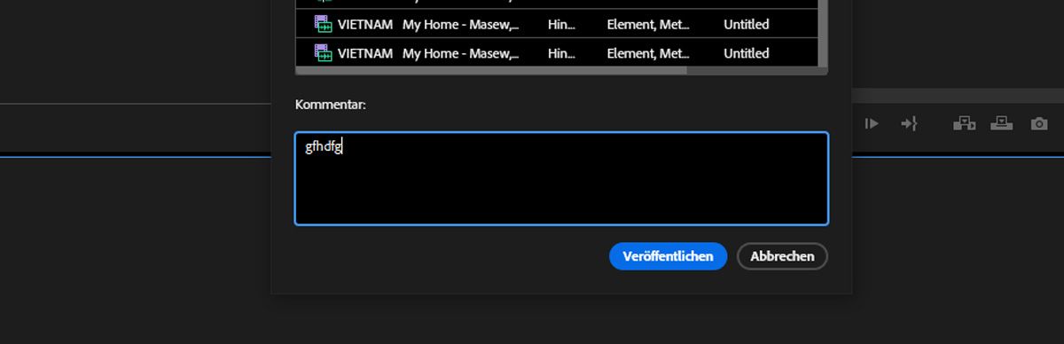 Das Dialogfeld „Team-Projekte“ enthält die neuen Bearbeitungen, einen Kommentar für die Mitwirkenden und  eine Option zum Veröffentlichen, damit die Änderungen für alle verfügbar sind.