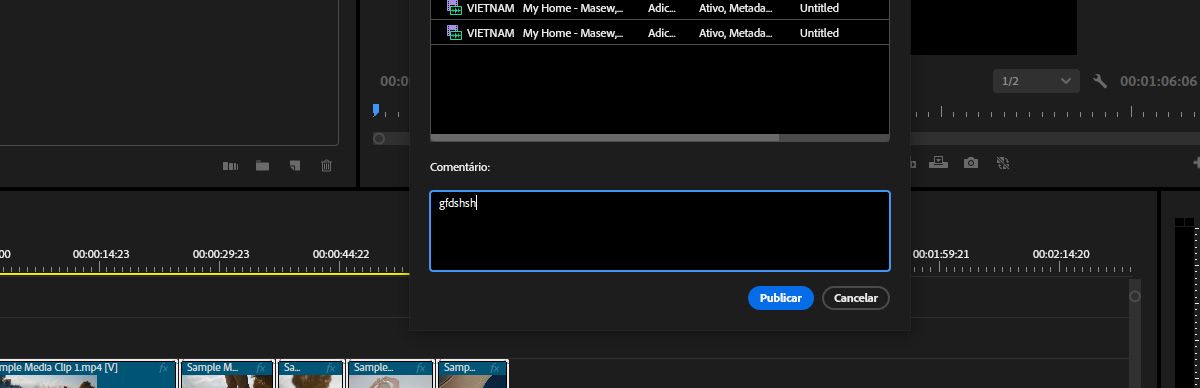 A caixa de diálogo Team Projects inclui novas edições, um comentário para os colaboradores e uma opção para publicar, de modo que as alterações fiquem disponíveis para todos.