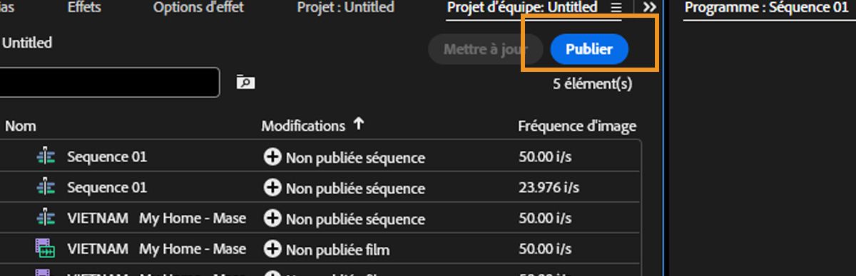 Le panneau Team Projects inclut maintenant de nouveaux montages.Vous pouvez sélectionner l’option « Publier » pour rendre ces modifications accessibles à tous les collaborateurs et collaboratrices.