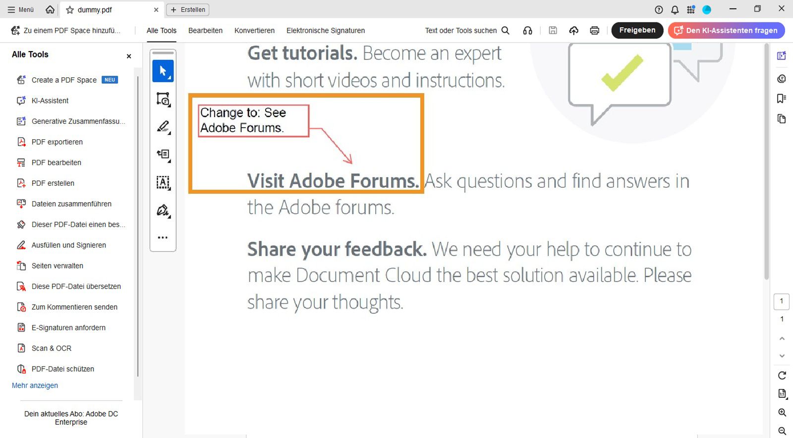 Das Textfeld mit der Endpunktlinie ist innerhalb des PDF sichtbar.