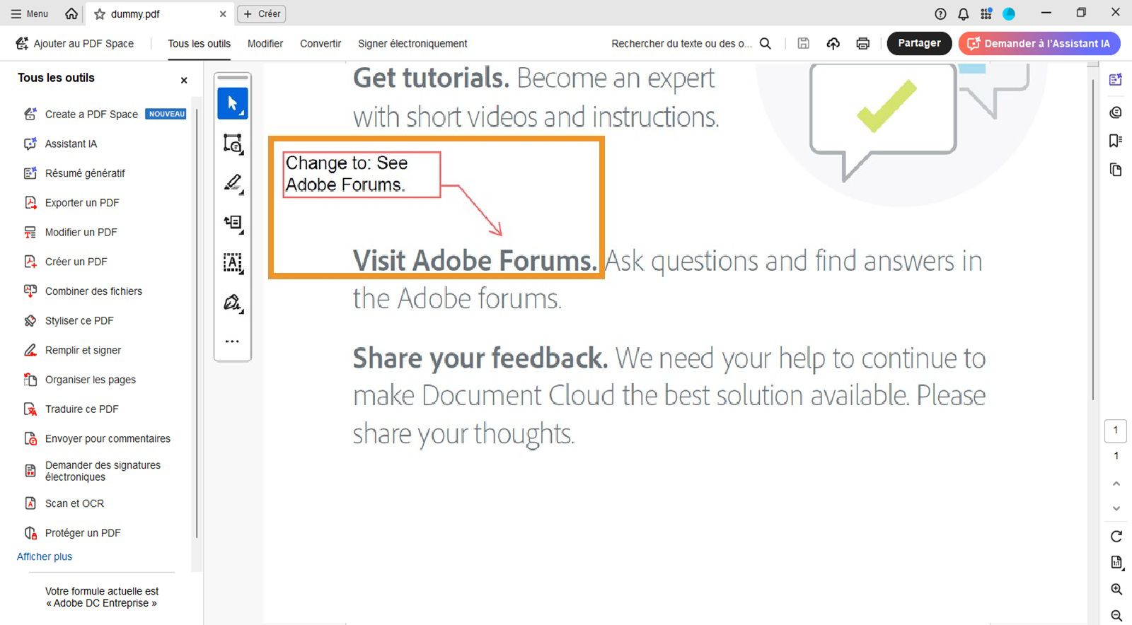 La zone de texte, ainsi que le trait d’extrémité, est visible dans le PDF.