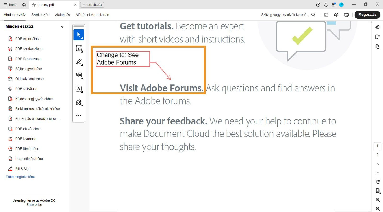 A szövegdoboz a végpontot jelző vonallal együtt látható a PDF-ben.