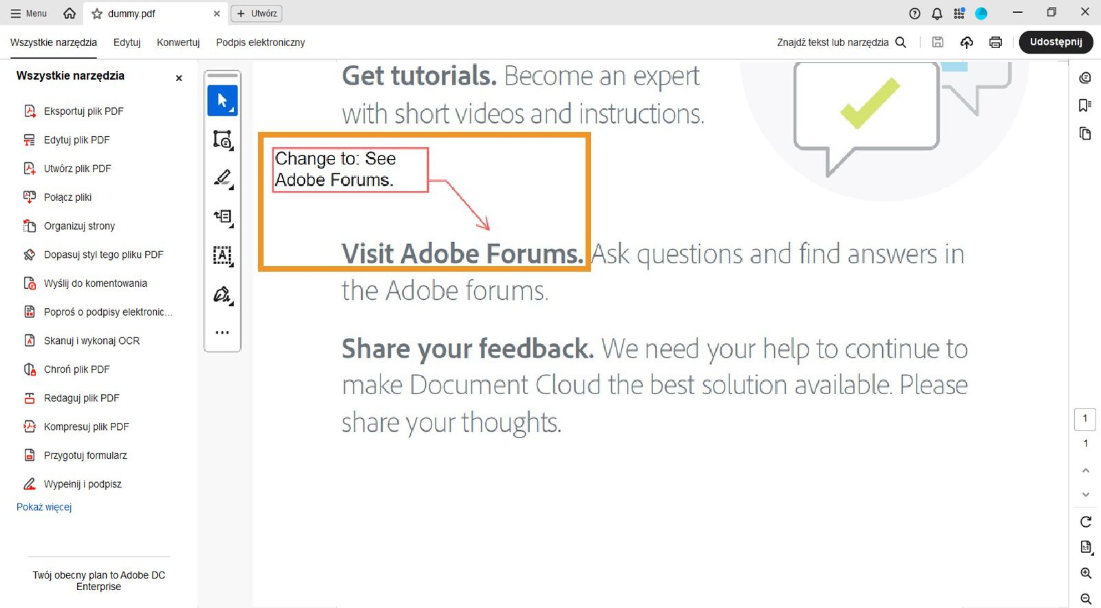 Pole tekstowe wraz z linią punktu końcowego jest widoczne w pliku PDF.