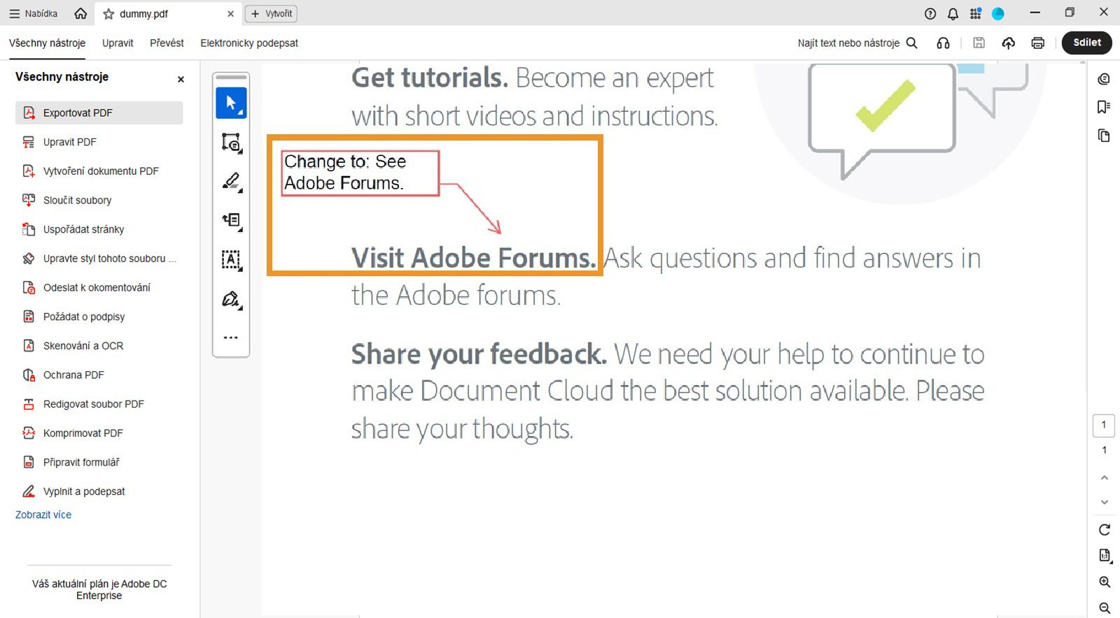 Textové pole spolu s čárou koncového bodu je viditelné v souboru PDF.