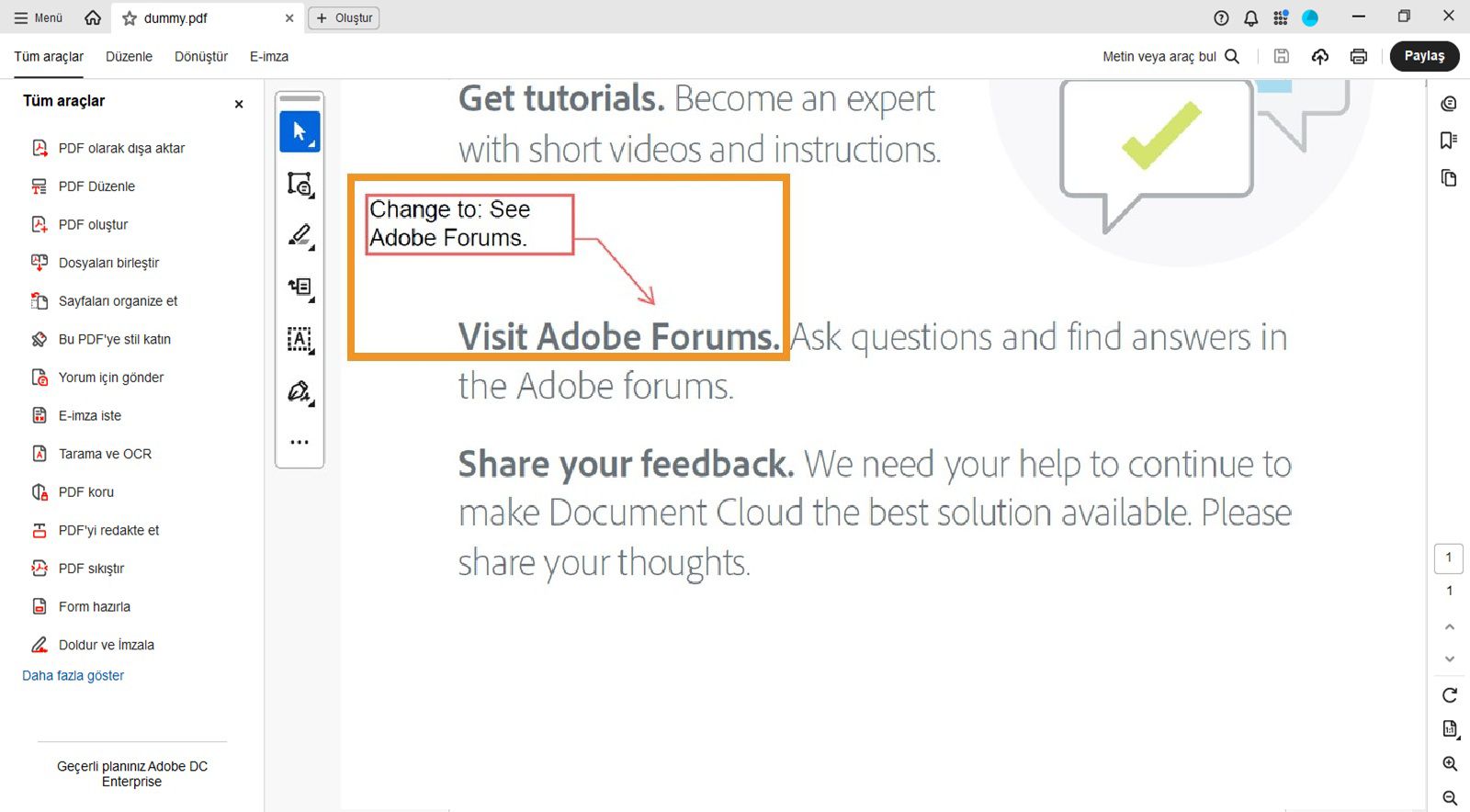 Metin kutusu, uç nokta çizgisiyle birlikte PDF içinde görünür.