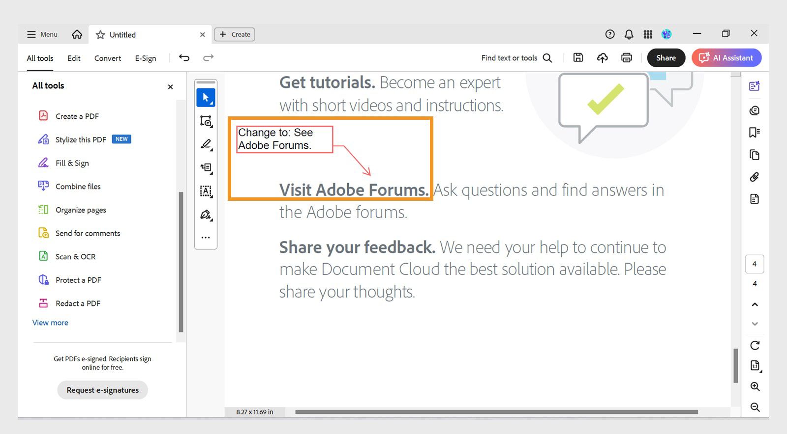 Makikita ang Text box, kasama ang end-point line, sa loob ng PDF.