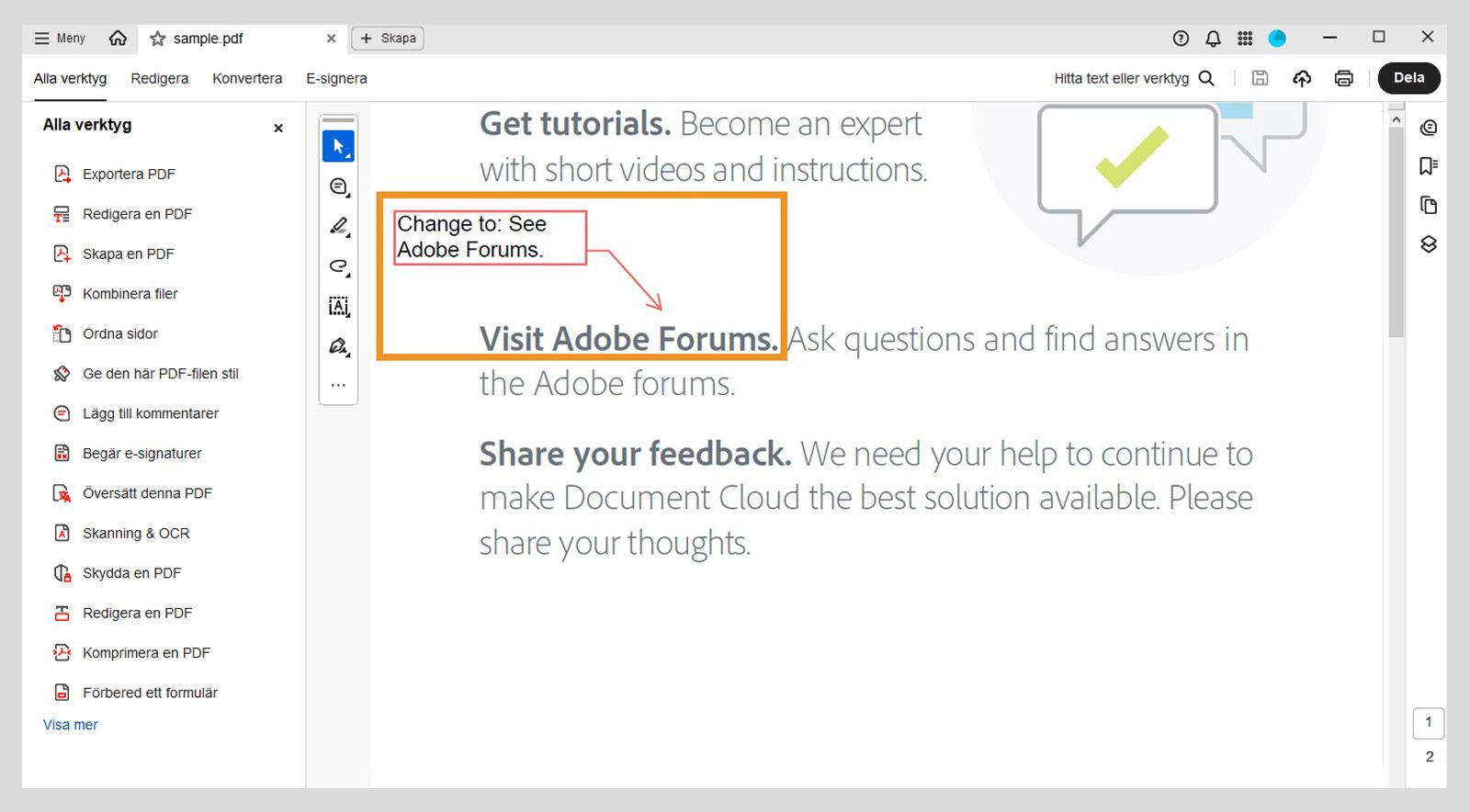 Textrutan, tillsammans med slutpunktslinjen, är synlig i PDF-filen.