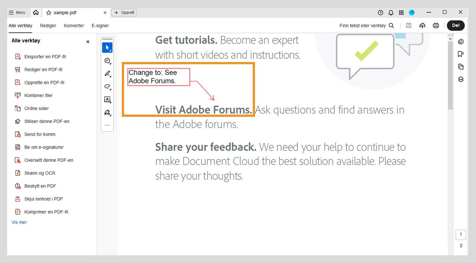 Tekstboksen, sammen med endepunktlinjen, er synlig i PDF-en.