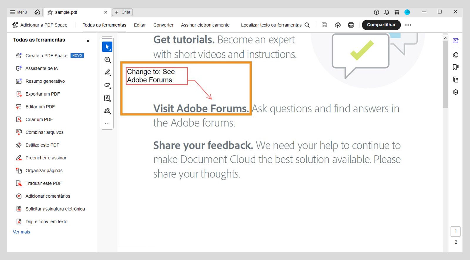 A caixa de texto, junto com a linha de extremidade, fica visível dentro do PDF.