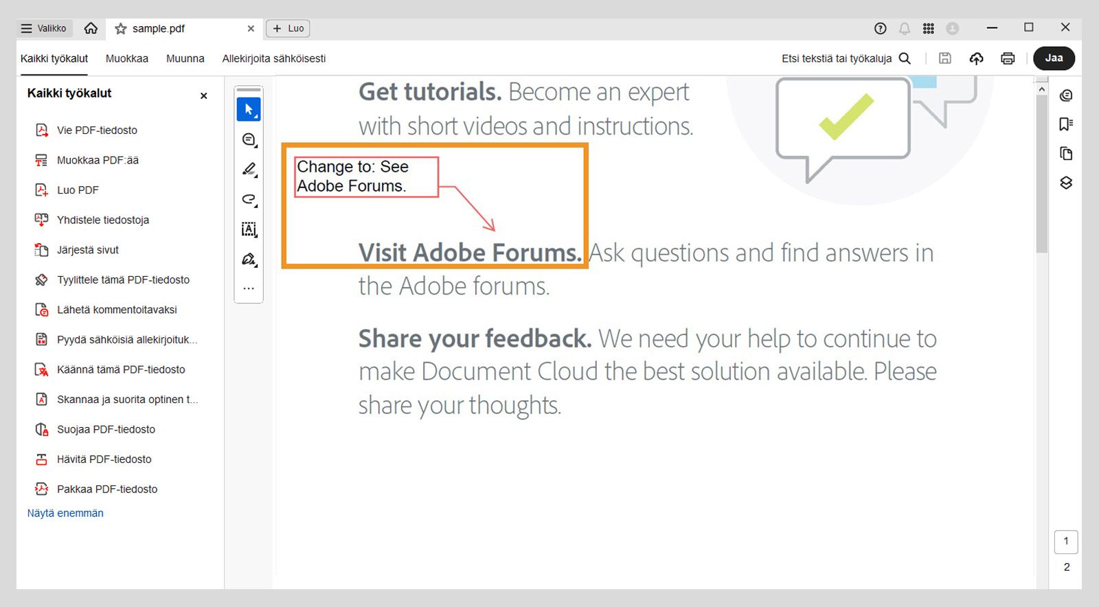 Tekstiruutu ja päätepisteviiva näkyvät PDF-tiedostossa.