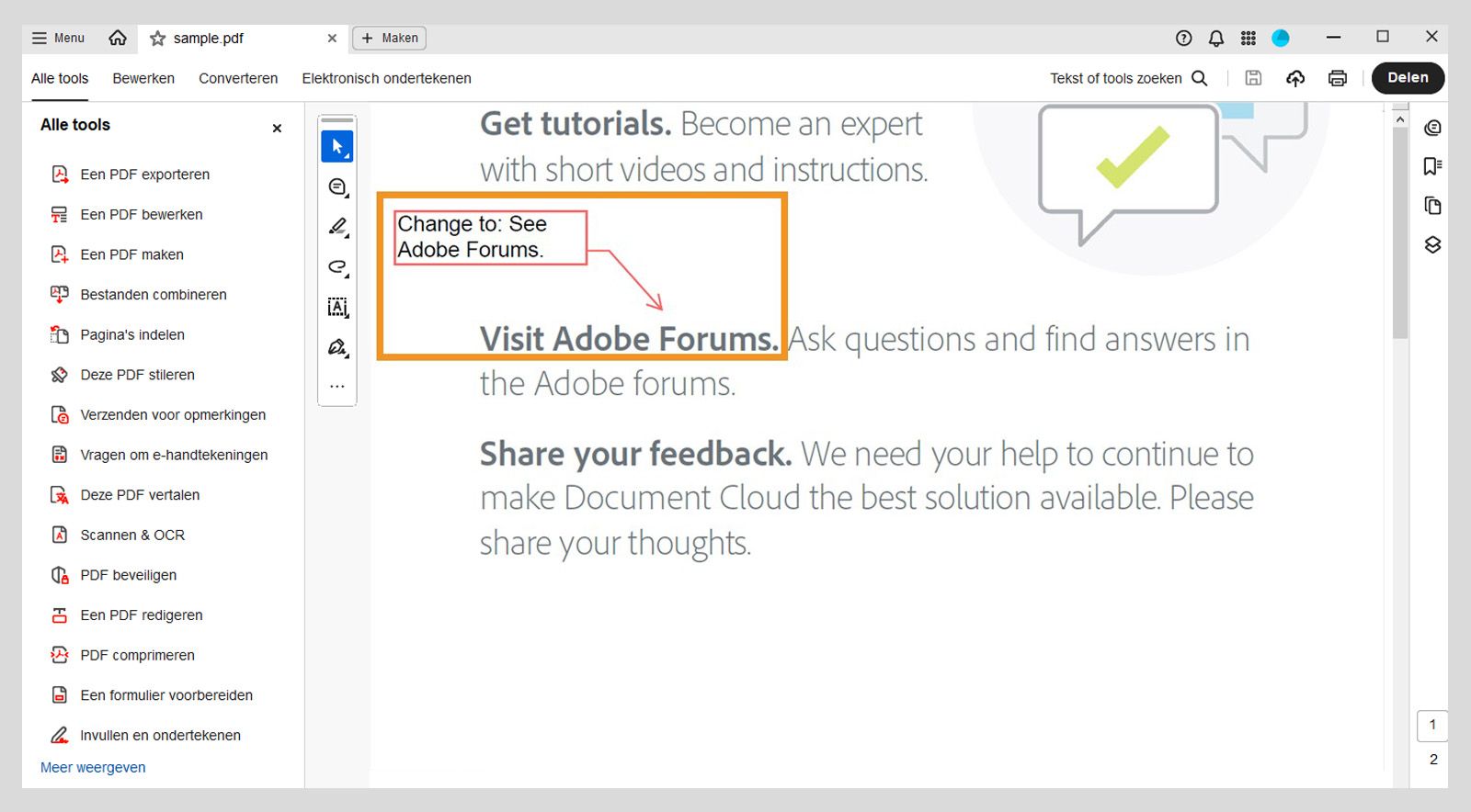 Het tekstvak, samen met de eindpuntlijn, is zichtbaar in de PDF.
