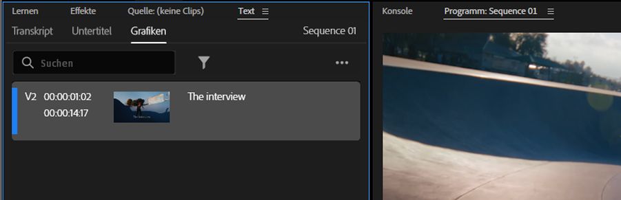 Das Textfenster ist geöffnet und die Registerkarte „Grafik“ ist ausgewählt, wodurch der Text in der Sequenz angezeigt wird.