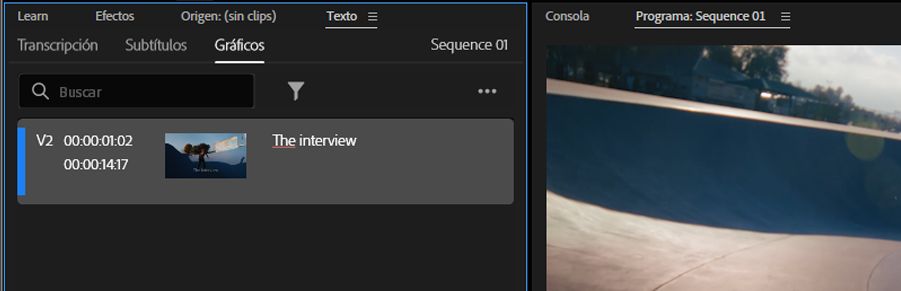 El panel Texto está abierto y la pestaña Gráficos está seleccionada, lo que muestra el texto en la secuencia.
