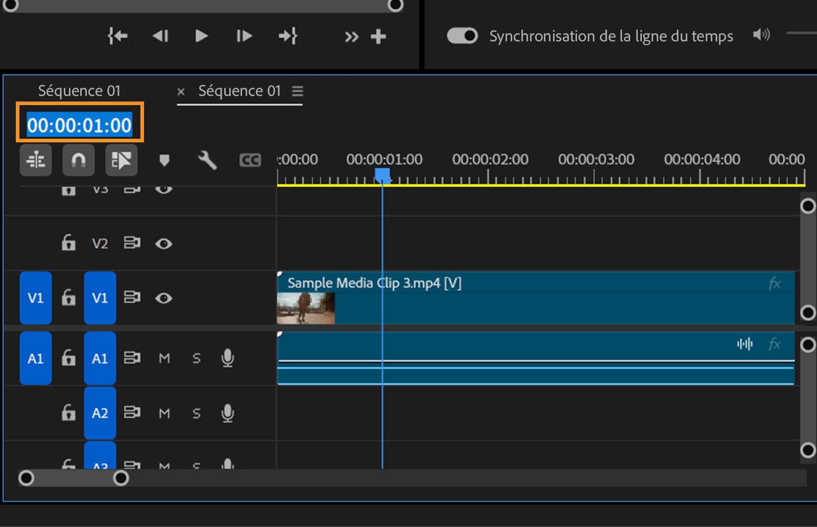 Le code temporel est mis en surbrillance dans le panneau Montage.Les pistes vidéo et audio sont visibles respectivement sur V1 et A1.