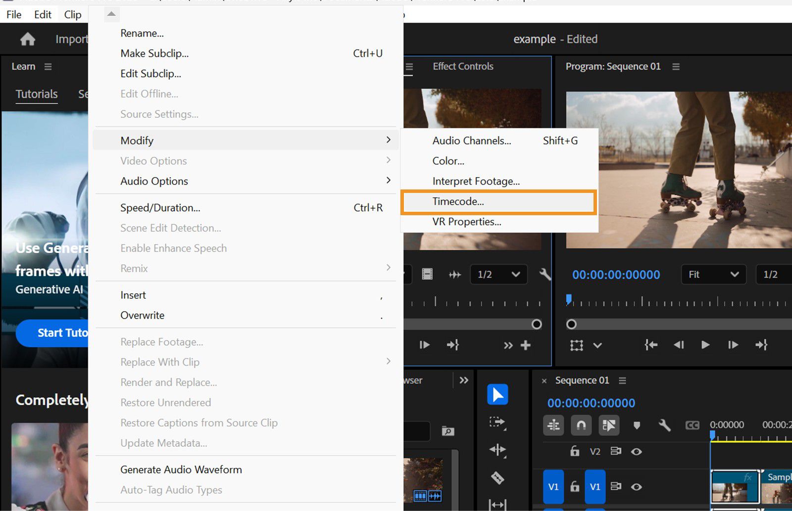 Il menu Clip è aperto dalla barra dei menu.Dal menu Modifica, l'opzione Timecode è selezionata per iniziare a regolare manualmente il timecode. 