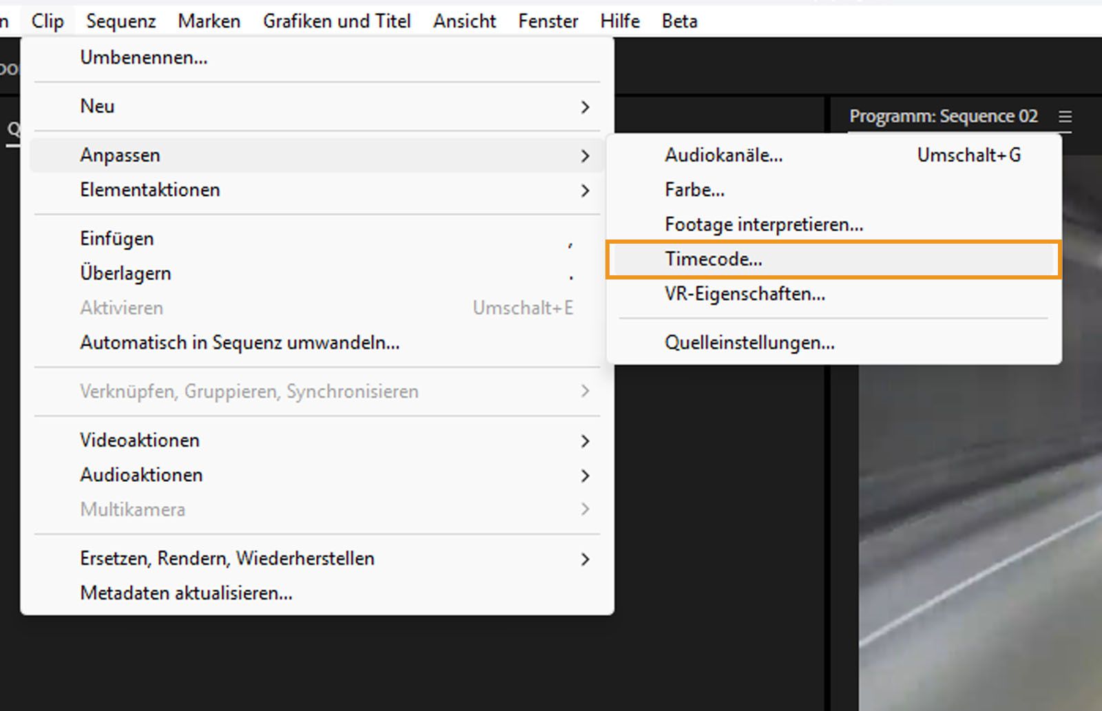 Das Clip-Menü ist in der Menüleiste geöffnet.Im Menü „Ändern&quot; ist die Option „Timecode&quot; ausgewählt, um mit der manuellen Anpassung des Timecodes zu beginnen. 