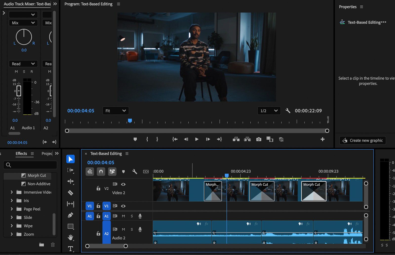 Il pannello Timeline mostra l'effetto di transizione Morph Cut applicato tra due clip adiacenti, indicando dove inizia e finisce la transizione.
