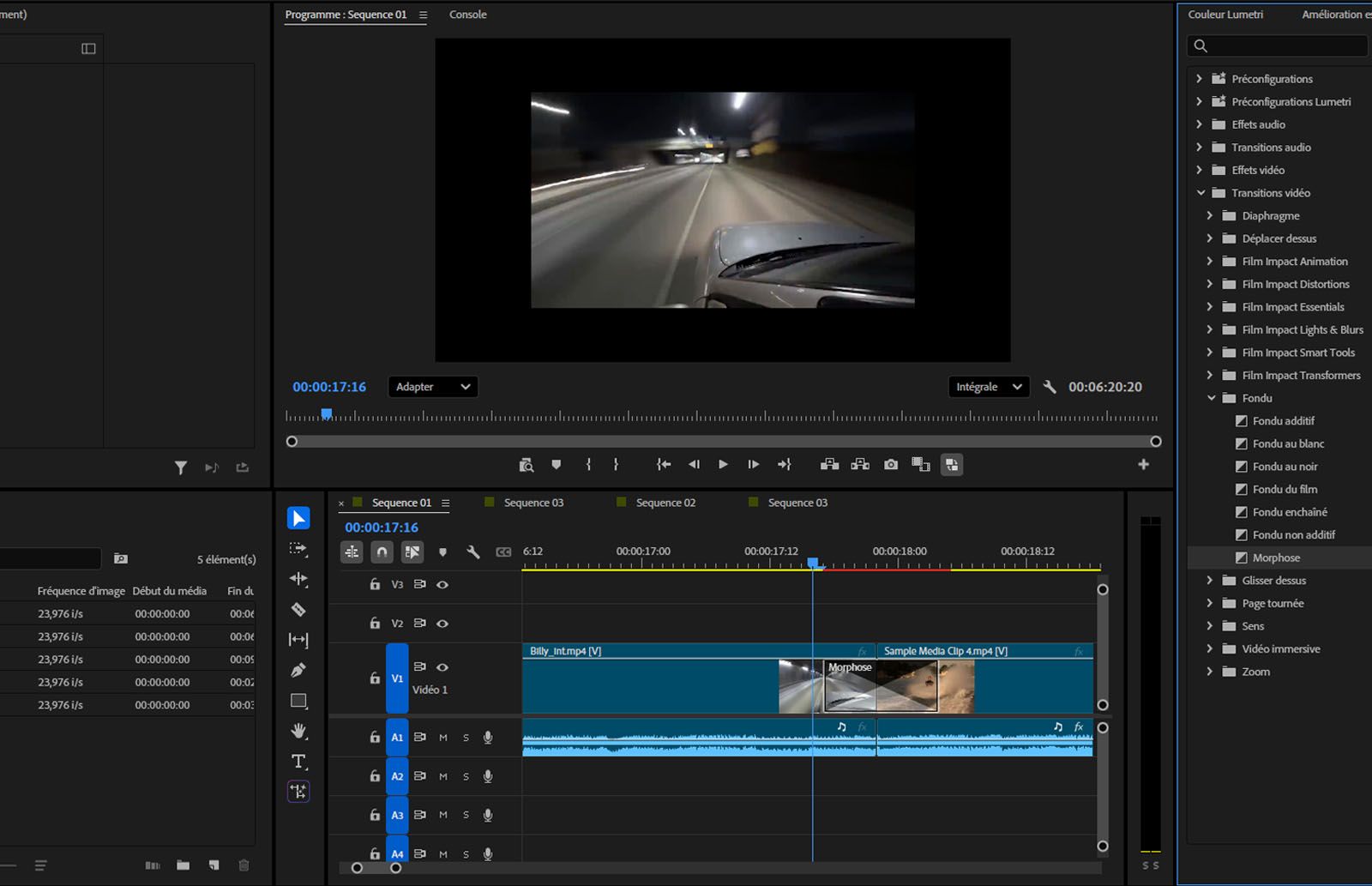 Le panneau Chronologie affiche l'effet de transition Morph Cut appliqué entre deux clips adjacents, indiquant où la transition commence et se termine.