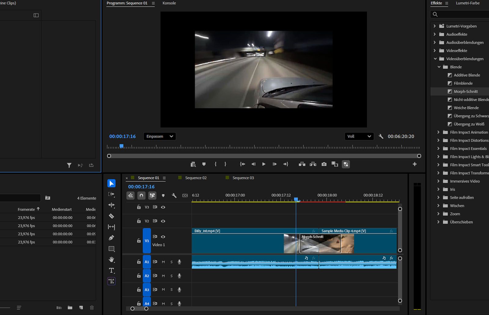 Das Schnittfenster zeigt den zwischen zwei benachbarten Clips angewendeten Effekt „Morph-Schnitt“ an und markiert, wo der Übergang beginnt und endet.
